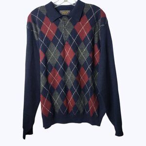 Brooks Brothers Vtg Argyle Mens Merino Wool Sweater Navy Blue Multicolor Large